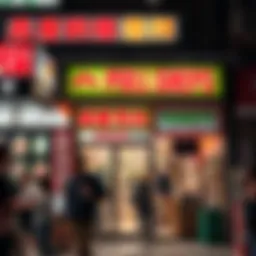 A local lottery shop with vibrant signs and eager customers.